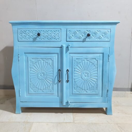 Indian Furniture Carved Handmade Solid Hard Wood 2Drawers Colonial French Legged Cabinet 2 Doors 100x40x90Cm