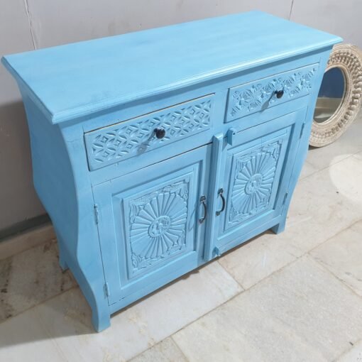 Indian Furniture Carved Handmade Solid Hard Wood 2Drawers Colonial French Legged Cabinet 2 Doors 100x40x90Cm