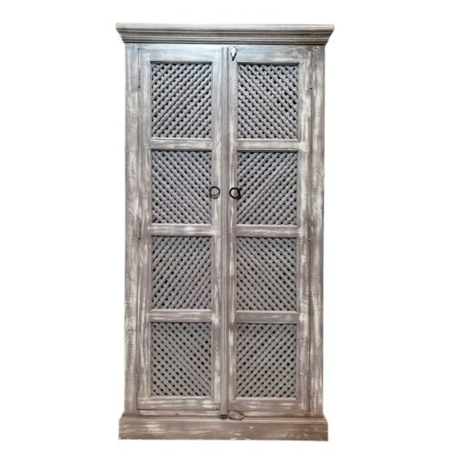 Indian Furniture Carved Handmade Solid Hard Wood Hutch Cabinet With Jali Doors Greywash 92x41x183Cm