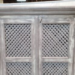 Indian Furniture Carved Handmade Solid Hard Wood Hutch Cabinet With Jali Doors Greywash 92x41x183Cm