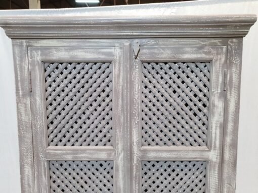 Indian Furniture Carved Handmade Solid Hard Wood Hutch Cabinet With Jali Doors Greywash 92x41x183Cm