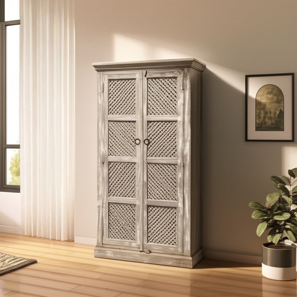 Indian Furniture Carved Handmade Solid Hard Wood Hutch Cabinet With Jali Doors Greywash 92x41x183Cm