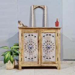 Indian Furniture Carved Handmade Solid Hard Wood 2Drawers Cabinet Natural 90x40x45Cm