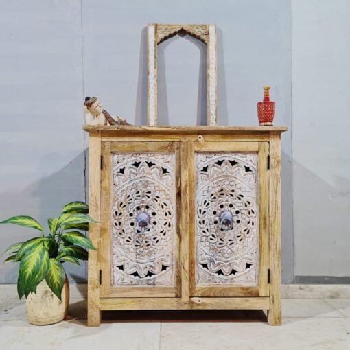 Indian Furniture Carved Handmade Solid Hard Wood 2Drawers Cabinet Natural 90x40x45Cm