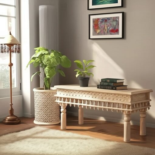 Handmade Indian Furniture Carved Solid Hard Wood Oriental Style Coffee Table Rustic 120x60x60Cm
