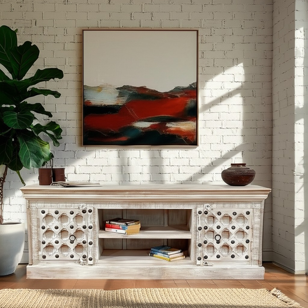 Large Handcrafted Carved Indian Furniture Wooden Hand carved TV Unit Entertainment Media 2 Door Rustic White 160x40x60cm