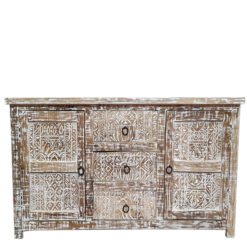 Handmade Carved Indian Furniture Solid Hard Wood Sideboard 2 Doors Rustic White 150x45x75Cm