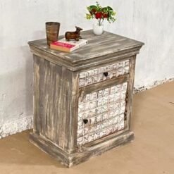 Indian Furniture Handmade Solid Wood Bedside Table With Drawer & Door Rustic Brown 55x40x65Cm