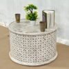 Handmade Indian Furniture Solid Hard Mango Wood Carved Side Table Bristol White 40x60x60Cm