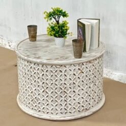 Handmade Indian Furniture Solid Hard Mango Wood Carved Side Table Bristol White 40x60x60Cm