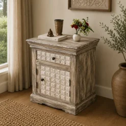 Alternative view of Indian Furniture Handmade Solid Wood Bedside Table With Drawer & Door Rustic Brown 55x40x65Cm