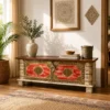 Carved Handmade Indian Furniture Solid Wood Storage Blanket Box Chest Coffee Table Brass Fitting In Red 116x40x45Cm