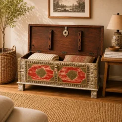 Alternative view of Carved Handmade Indian Furniture Solid Wood Storage Blanket Box Chest Coffee Table Brass Fitting In Red 116x40x45Cm