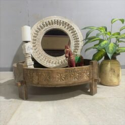 Indian Furniture Handcrafted Carved Handmade Solid Hard Wood Chakki Grinder Table Coffee Table Natural 76x76x25Cm