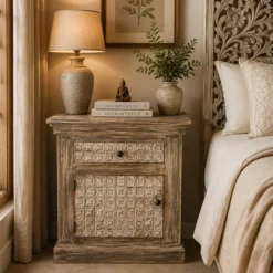 Indian Furniture Handmade Solid Wood Bedside Table With Drawer & Door Rustic Brown 55x40x65Cm