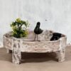 Indian Furniture Handcrafted Carved Handmade Solid Hard Wood Chakki Grinder Table Coffee Table Whitewash 80x80x25Cm