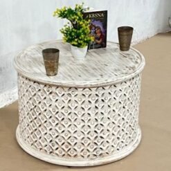 Handmade Indian Furniture Solid Hard Mango Wood Carved Side Table Bristol White 40x60x60Cm