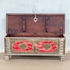 Carved Handmade Indian Furniture Solid Wood Storage Blanket Box Chest Coffee Table Brass Fitting In Red 116x40x45Cm