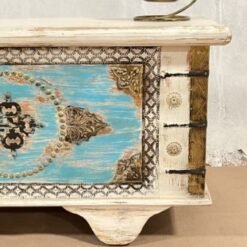 Carved Handmade Indian Furniture Solid Wood Storage Blanket Box Chest Coffee Table Brass Fitting In Blue 116x40x45Cm