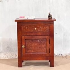 Indian Furniture Handmade Solid Wood Bedside Table With Drawer & Door Walnut 50x30x60Cm