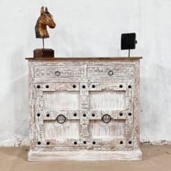 Handmade Carved Indian Furniture Solid Hard Wood Sideboard 2 Doors 2 Drawers White 110x40x85Cm