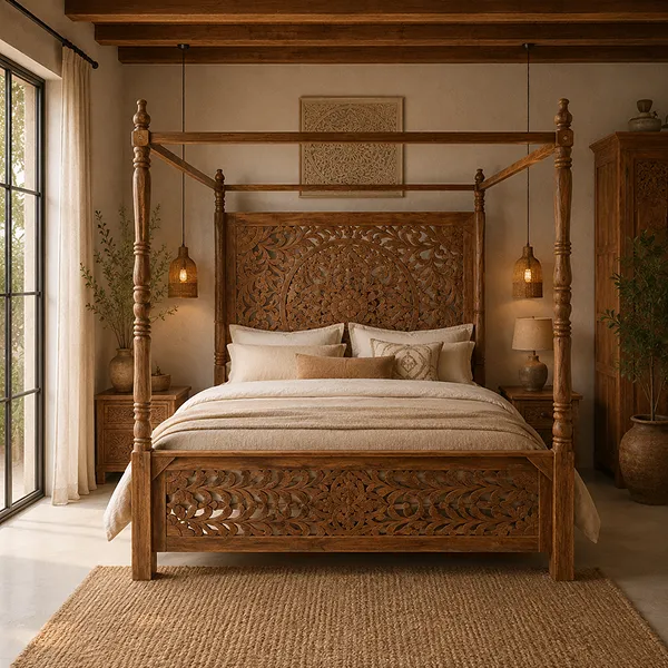 Handmade Carved Indian Furniture Solid Hard Mango Wood Bed Frame With Panel Mandala Pattern 180x180x20CM - Image 2