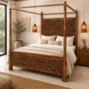 Handmade Carved Indian Furniture Solid Hard Mango Wood Bed Frame With Panel Mandala Pattern 180x180x20CM