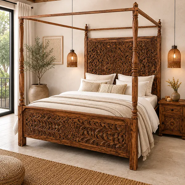 Handmade Carved Indian Furniture Solid Hard Mango Wood Bed Frame With Panel Mandala Pattern 180x180x20CM