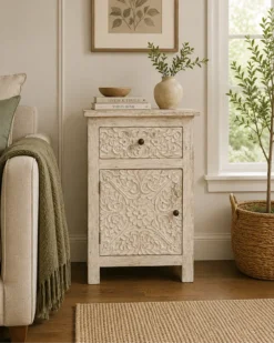 Indian Furniture Handmade Solid Wood Bedside Table With Drawer & Door Natural 50x30x60Cm