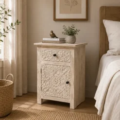 Alternative view of Indian Furniture Handmade Solid Wood Bedside Table With Drawer & Door Natural 50x30x60Cm