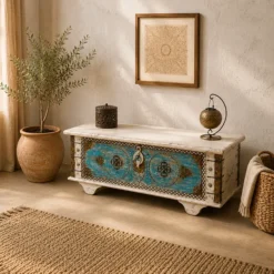 Alternative view of Carved Handmade Indian Furniture Solid Wood Storage Blanket Box Chest Coffee Table Brass Fitting In Blue 116x40x45Cm