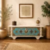 Carved Handmade Indian Furniture Solid Wood Storage Blanket Box Chest Coffee Table Brass Fitting In Blue 116x40x45Cm