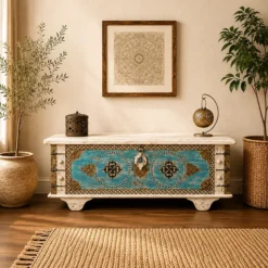 Carved Handmade Indian Furniture Solid Wood Storage Blanket Box Chest Coffee Table Brass Fitting In Blue 116x40x45Cm