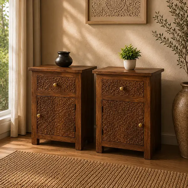 Indian Furniture Handmade Solid Wood Bedside Table With Drawer & Door Brown 50x30x60Cm - Image 3