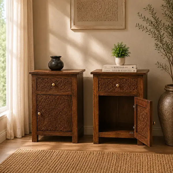 Indian Furniture Handmade Solid Wood Bedside Table With Drawer & Door Brown 50x30x60Cm - Image 2
