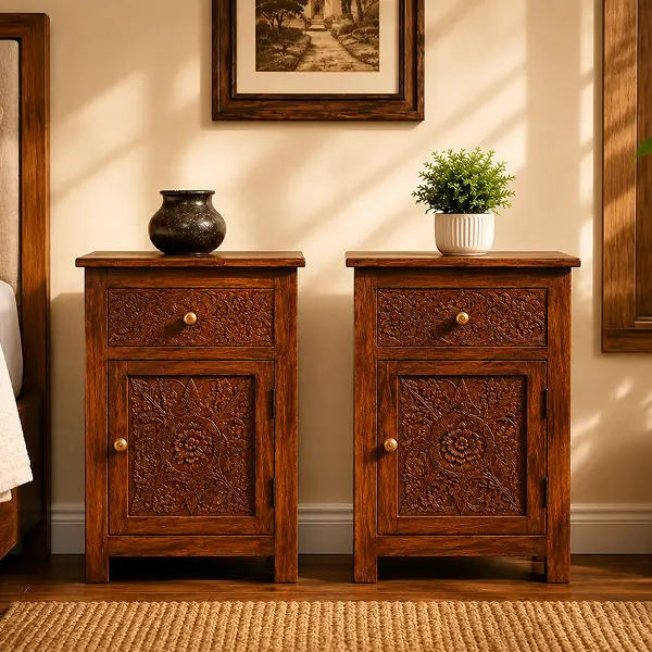 Indian Furniture Handmade Solid Wood Bedside Table With Drawer & Door Brown 50x30x60Cm
