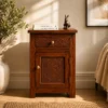 Indian Furniture Handmade Solid Wood Bedside Table With Drawer & Door Walnut 50x30x60Cm