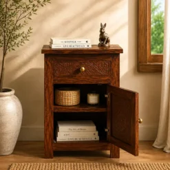 Alternative view of Indian Furniture Handmade Solid Wood Bedside Table With Drawer & Door Walnut 50x30x60Cm