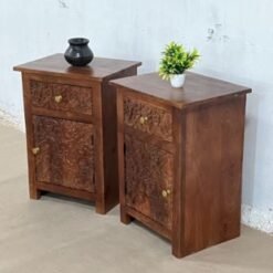 Indian Furniture Handmade Solid Wood Bedside Table With Drawer & Door Brown 50x30x60Cm