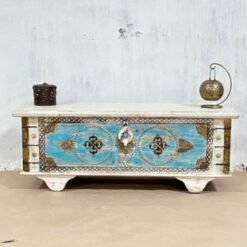 Carved Handmade Indian Furniture Solid Wood Storage Blanket Box Chest Coffee Table Brass Fitting In Blue 116x40x45Cm