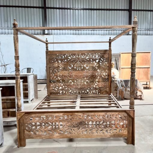 Handmade Carved Indian Furniture Solid Hard Mango Wood Bed Frame With Panel Mandala Pattern 180x180x20CM