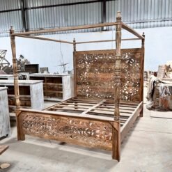 Handmade Carved Indian Furniture Solid Hard Mango Wood Bed Frame With Panel Mandala Pattern 180x180x20CM