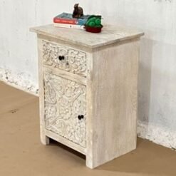 Indian Furniture Handmade Solid Wood Bedside Table With Drawer & Door Natural 50x30x60Cm