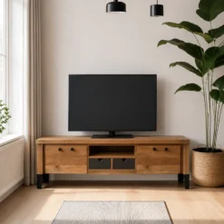 Handcrafted Handmade Indian Hand Carved Solid Hard Wood Tv Unit Brown Modish 180x42x42Cm