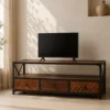Handmade Indian Furniture Hand Carved Solid Hard Wood Tv Unit Entertainment Media Brown Modish 150x45x50Cm