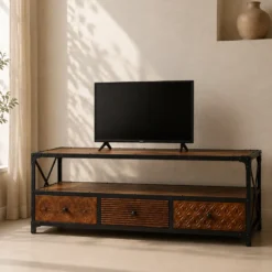 Handmade Indian Furniture Hand Carved Solid Hard Wood Tv Unit Entertainment Media Brown Modish 150x45x50Cm