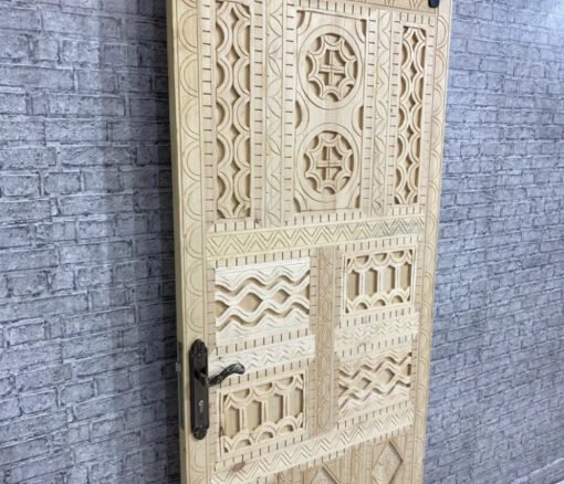 Handmade Carved Indian Style Solid Hard Wood Moroccan Custom Single Sliding Barn Door Beige 100x220Cm - Image 3