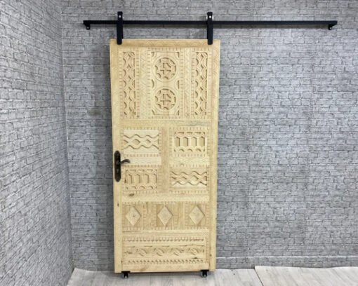Handmade Carved Indian Style Solid Hard Wood Moroccan Custom Single Sliding Barn Door Beige 100x220Cm - Image 4
