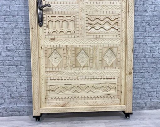 Handmade Carved Indian Style Solid Hard Wood Moroccan Custom Single Sliding Barn Door Beige 100x220Cm - Image 7