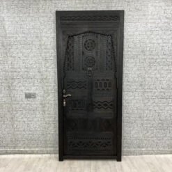 Handmade Carved Indian Style Solid Hard Wood Moroccan Custom Single Sliding Barn Door Dark Brown 100x220Cm